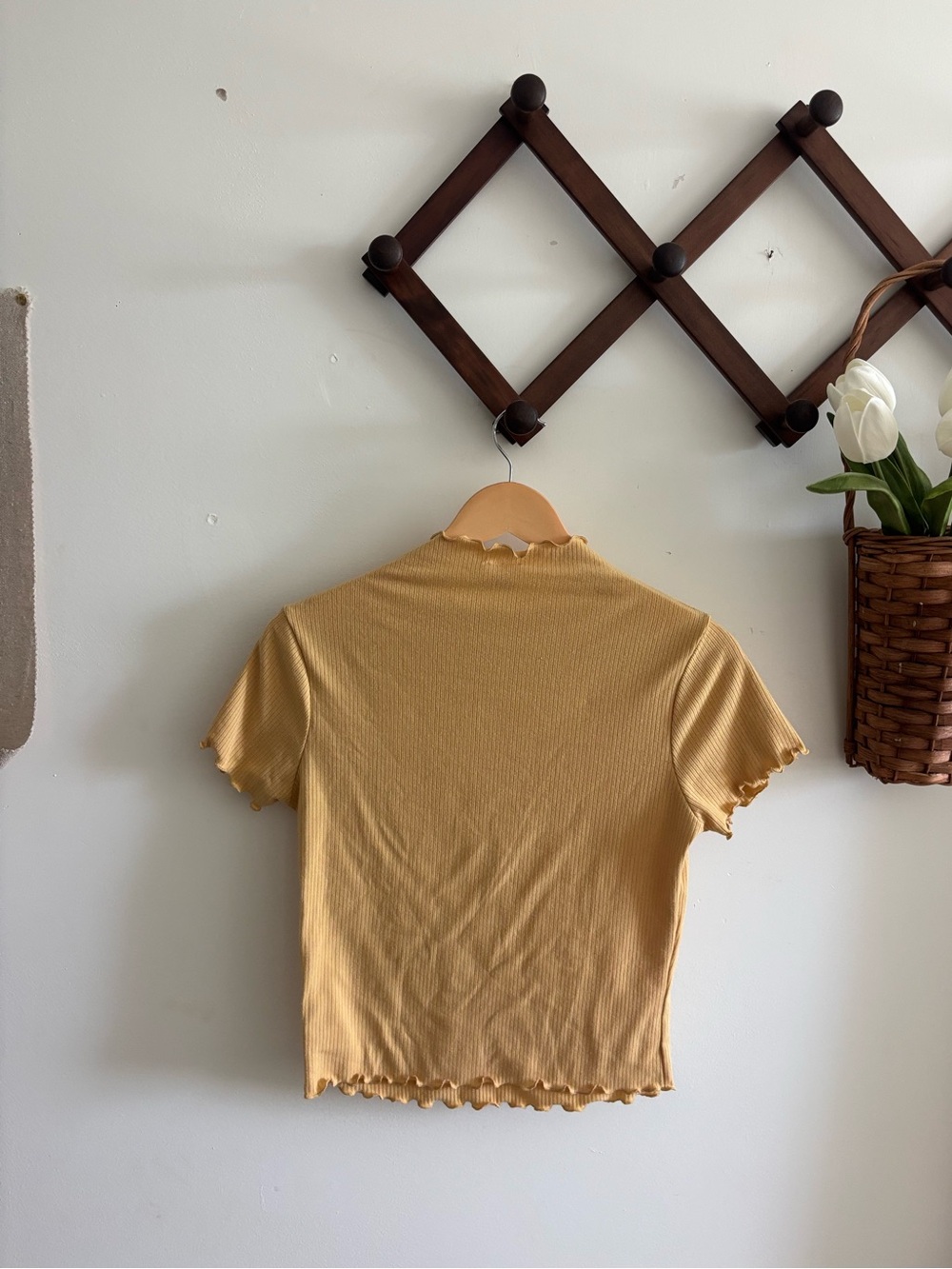Ribbed Lettuce-Edge Crop Top in Mustard